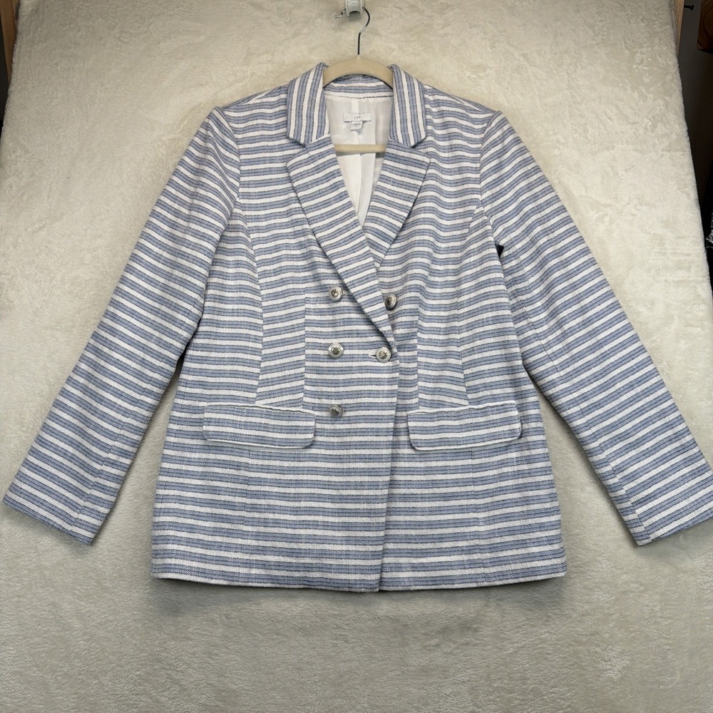 J Jill Womens M Linen Blend Blazer Blue White Stripe Double Breasted Preppy